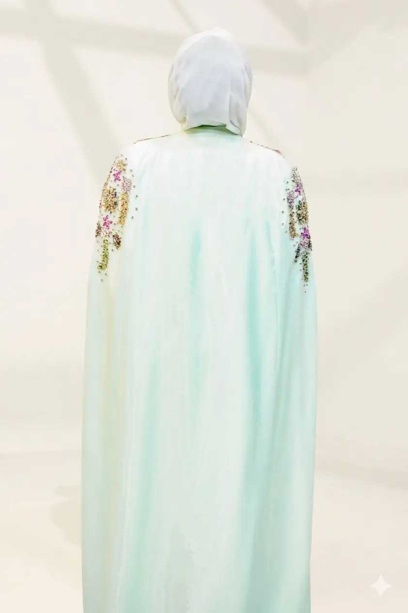 Rear view of the Shalimar Cave Abaya featuring the dramatic cape sleeve design and rich, structured fabric that holds its shape beautifully.