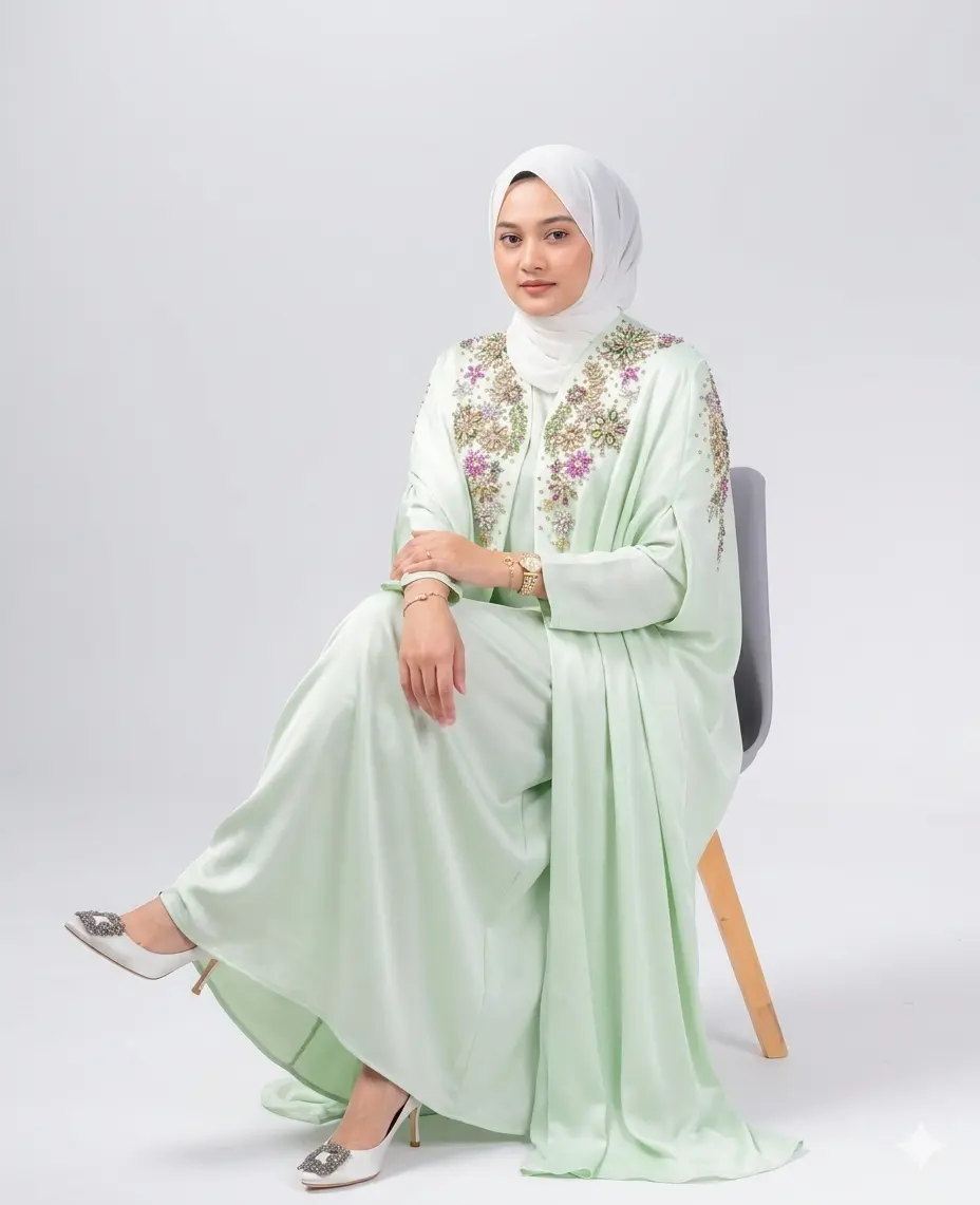 A model wearing the Shalimar Cave Abaya in a luxury setting, demonstrating the silky-smooth movement and all-season versatility of this Indonesian-inspired masterpiece.