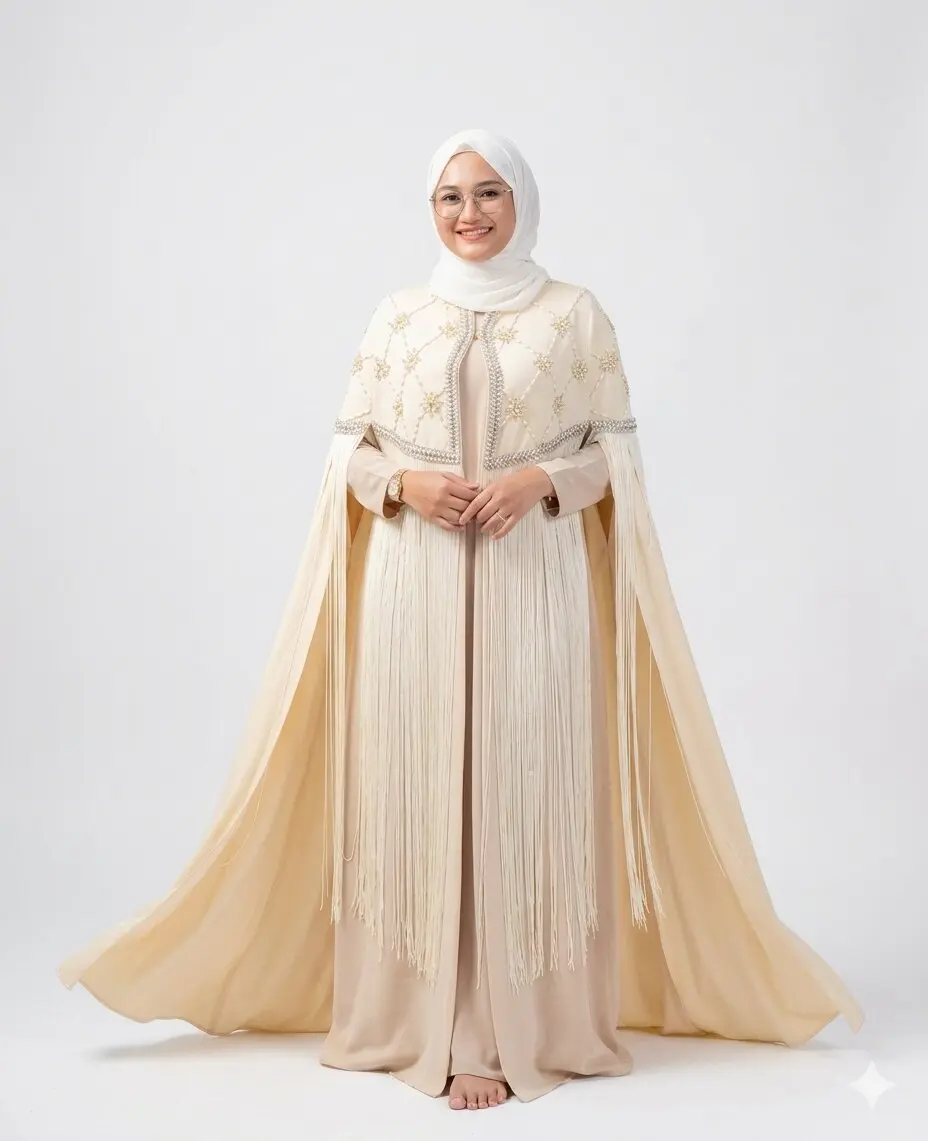 Desert Pearl Bridal Cape Abaya - Cream Embellished Luxury | Saba Al Wadi image 7